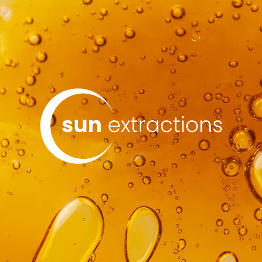 Sun Extractions logo on top of a yellow cannabis extract background