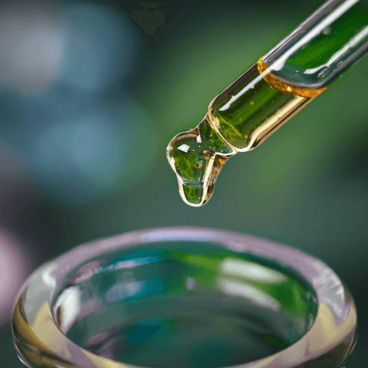 Cannabis extract oil dropping over glass container